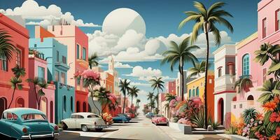 generativo ai, miami verão vibrações retro plano Matisse ilustração. vintage Rosa e azul cores, edifícios, Califórnia Palmeiras, anos 80 estilo foto