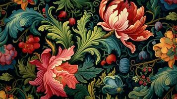 generativo ai, floral colorida padronizar. William Morris inspirado natural plantas e flores fundo, vintage ilustração. folhagem ornamento. foto