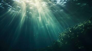 generativo ai, Sombrio azul oceano superfície visto a partir de embaixo da agua com Sol luz foto