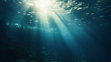 generativo ai, Sombrio azul oceano superfície visto a partir de embaixo da agua com Sol luz foto