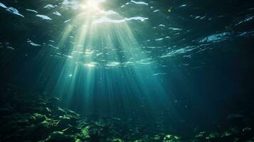 generativo ai, Sombrio azul oceano superfície visto a partir de embaixo da agua com Sol luz foto