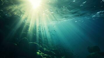 generativo ai, Sombrio azul oceano superfície visto a partir de embaixo da agua com Sol luz foto