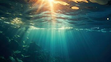 generativo ai, Sombrio azul oceano superfície visto a partir de embaixo da agua com Sol luz foto