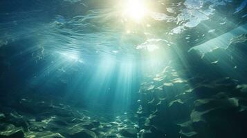 generativo ai, Sombrio azul oceano superfície visto a partir de embaixo da agua com Sol luz foto