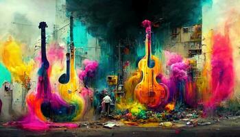 generativo ai, rua arte com chaves e musical instrumentos silhuetas. tinta colorida grafite arte com derretido pintura foto