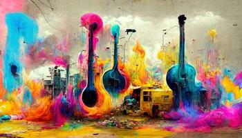 generativo ai, rua arte com chaves e musical instrumentos silhuetas. tinta colorida grafite arte com derretido pintura foto