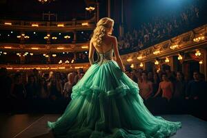 lindo Loiras menina dentro uma grandes verde vestir em a fundo do a interior do a teatro, lindo menina dentro uma verde tarde vestir, a ópera cantor cantando dentro frente do ampla público, ai gerado foto