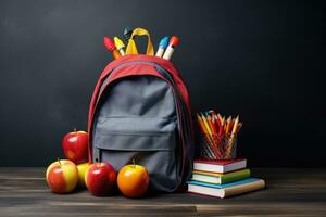 mochila com escola suprimentos em quadro-negro fundo. costas para escola conceito, mochila com escola suprimentos em cinzento fundo, ai gerado foto