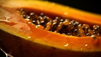 generativo ai, macro fresco metade do mamão fruta fundo. tropical exótico fechar-se foto com gotas