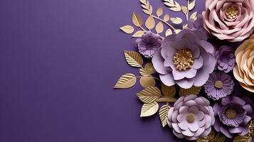 generativo ai, papel cortar construir flores e dourado folhas, luz roxo, digital lavanda cor, floral origami texturizado fundo, Primavera humor. foto