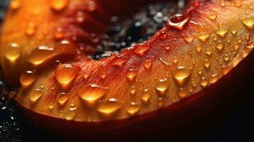generativo ai, brilhante fatia do suculento maduro pêssego e água gotas, macro do verão fruta foto