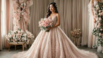 noiva dentro sonhadores Casamento vestido com Rosa acentos foto