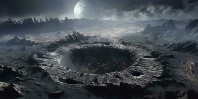 generativo ai, outro estrangeiro planeta superfície alívio, lua cratera. espaço fundo foto