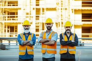 construção local trabalhadores em pé com guardada braços vestindo segurança coletes e capacetes. foto