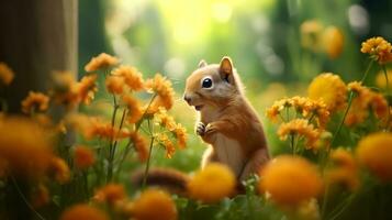 fofa esquilo e lindo flores dentro a jardim. ai gerado foto