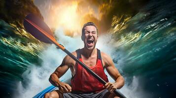 feliz e animado homem equitação pequeno barco através a ondas foto