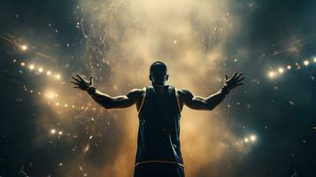 basquetebol jogador a comemorar dentro a estádio. conceito do ganhador, sucesso, vitória. ai gerado foto