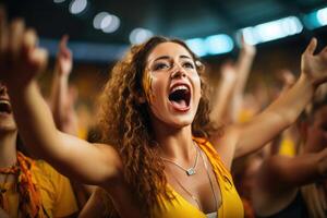 uma mulher dentro uma lotado estádio cercado de torcendo fãs ai gerado foto