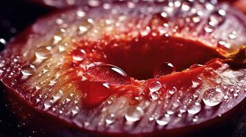 generativo ai, brilhante fatia do suculento maduro ameixa e água gotas, macro do verão fruta foto