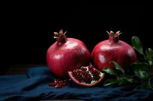 generativo ai, fresco suculento todo ou metade do romã fruta com água gotas, ainda vida em Sombrio fundo. fechar-se foto