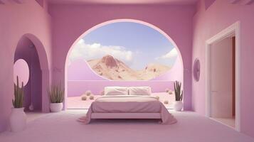 generativo ai, fantasia Rosa roxa relaxar quarto com sonhadores cama, janelas e lindo panorama com nuvens. quarto dentro calma lavanda e tolet cores. foto