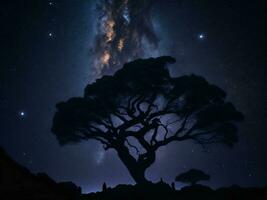 uma majestoso árvore recortado contra uma pano de fundo do a grande noite céu preenchidas com estrelas ai gerado foto