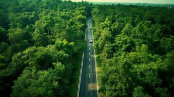 generativo ai, aéreo Visão do estrada entre verde floresta, verde panorama foto