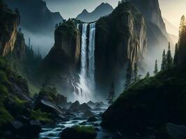 uma cascata dentro a montanhas com uma Sombrio céu ai gerado foto