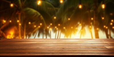 generativo ai, tropical verão pôr do sol de praia Barra fundo. de madeira mesa topo produtos exibição mostruário esvaziar estágio. foto