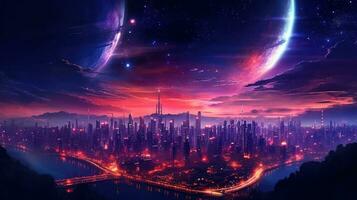 generativo ai, synthwave estilo do uma futurista cidade, paisagem urbana com néon luzes e céu, vermelho e roxa cores foto