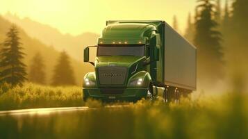generativo ai, verde caminhão dirigindo em a asfalto estrada dentro rural panorama às pôr do sol. foto