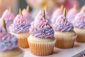 adorável fofa unicórnio tema aniversário festa bolos de copo. ai gerado foto