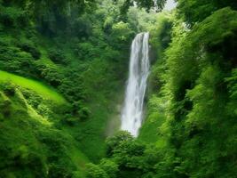 uma cascata dentro a selva cercado de exuberante verde vegetação ai gerado foto