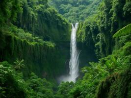 uma cascata dentro a selva cercado de exuberante verde vegetação ai gerado foto