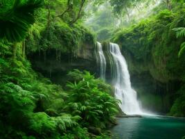 uma cascata cercado de exuberante verde vegetação ai gerado foto