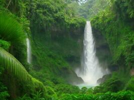 uma cascata dentro a selva cercado de exuberante verde vegetação ai gerado foto