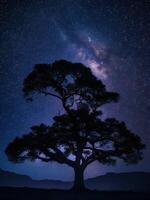 uma majestoso árvore recortado contra uma pano de fundo do a grande noite céu preenchidas com estrelas ai gerado foto