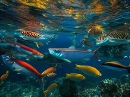 uma ampla grupo do peixe natação dentro a oceano ai gerado foto