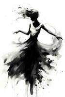 generativo ai, lindo dançando mulher desenhado de Preto tinta ou aquarela. mão pintura Preto e branco moda esboço. foto