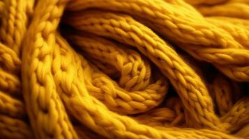 generativo ai, tricotado amarelo suéter textura fechar-se, amarelo ou luz laranja abstrato fundo, cor de mostarda pano de fundo foto