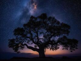 uma majestoso árvore recortado contra uma pano de fundo do a grande noite céu preenchidas com estrelas ai gerado foto