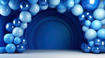 generativo ai, arco do azul balões. aniversário festa para Garoto 3d fundo, banho. brincar, modelo para cumprimentando cartão. foto