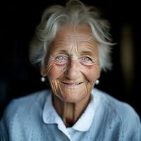 generativo ai, fechar-se do idosos sorridente mulher, felicidade Veja foto