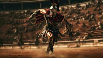 generativo ai, realista ilustração do uma feroz gladiador atacante, correndo. blindado romano gladiador dentro combate empunhando uma espada cobrando para dele inimigo. foto