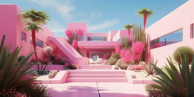 generativo ai, futurista luxo Rosa casa cercado de exuberante vegetação foto