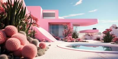 generativo ai, futurista luxo Rosa casa cercado de exuberante vegetação foto