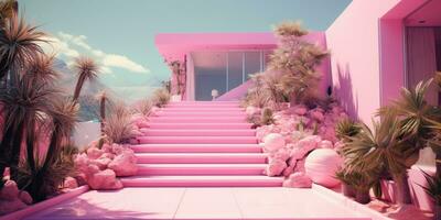 generativo ai, futurista luxo Rosa casa cercado de exuberante vegetação foto