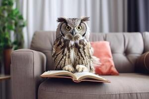 a coruja senta em uma sofá, lendo uma livro. Aprendendo e conhecimento conceito. ai gerado foto