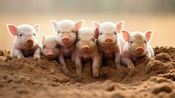 generativo ai, pequeno porcos olhando às a Câmera em uma Fazenda foto