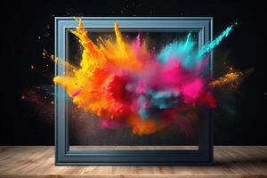 uma vibrante colorida pó pintura explosão dentro uma produtos exibição quadro. ai gerado foto